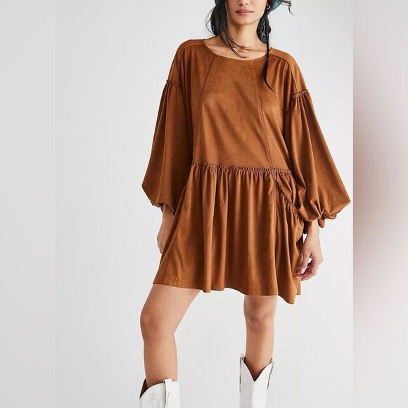 knee length dresses for ladies Free People Atlas Suede Mini L Coffee main image 0